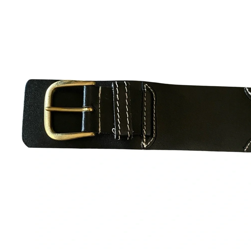 Vintage Dame Black Authentic Leather Belt white stitching Brass gold Buckle